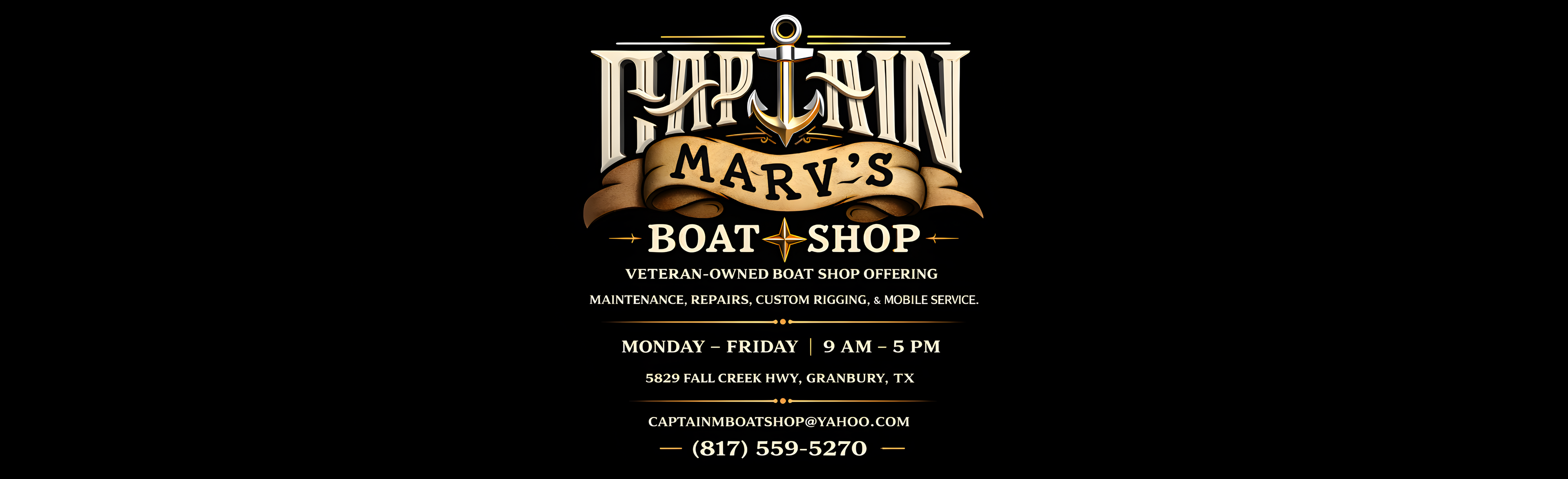 Advertisement for Captain Marv's Boat Shop with contact information on a black background